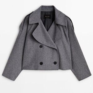 Massimo Dutti Wool Cropped Flannel Trench Coat In Grey